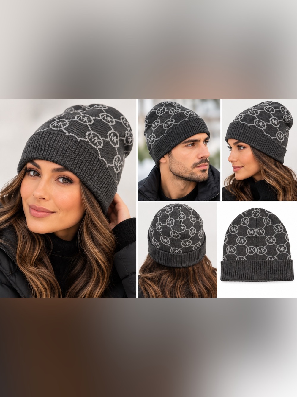 Michael Kors MK Monogram Charcoal Gray Knit Beanie Hat NWT